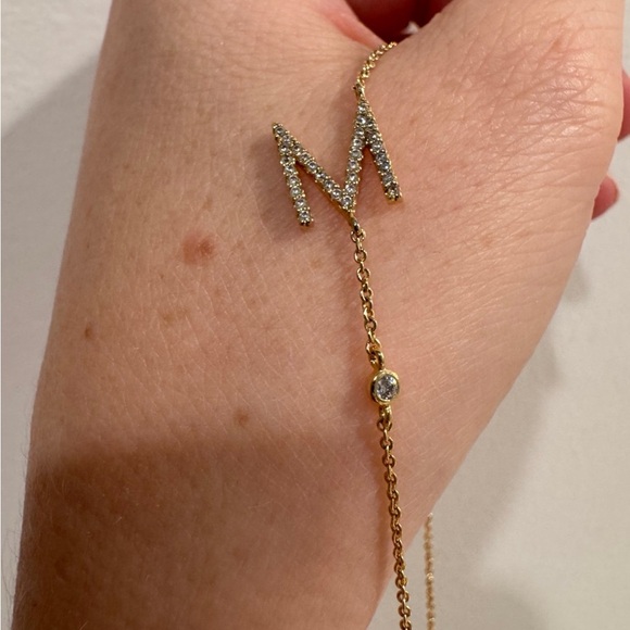 Anthropologie Gold 'M' Initial Pendant Necklace with Crystal Accents - Picture 6 of 8